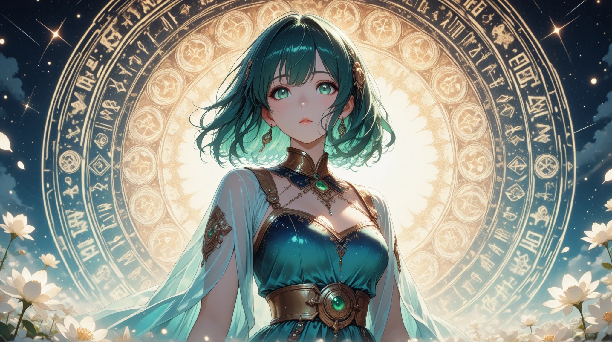 1girl, looking back, green emerald eyes, foxy mature eyes, detailled eyes, eyelashes, eyeliner, frowned eyebrows, smirk smile, full lips, closed mouth, brown hair, straight bangs, shoulder length hair, medium short hair, deep purple clothes, fantasy clothes, royal clothes, mage clothes, large hips, thin waist, small chest, pierced ear, body jewellery, thick thighs, callipygous figure, arms jewellery, open neckline, mage, purple magic, mature face, smirking, black thighs