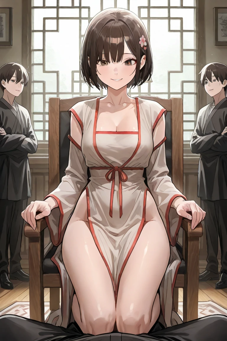 Period drama manga style A 15-year-old super beautiful Chinese girl with black hair in a bun cut(1 person) She is wearing a royal long-sleeved Chinese dress She takes a bath with the perverted old man emperor She cries She has visible nipples