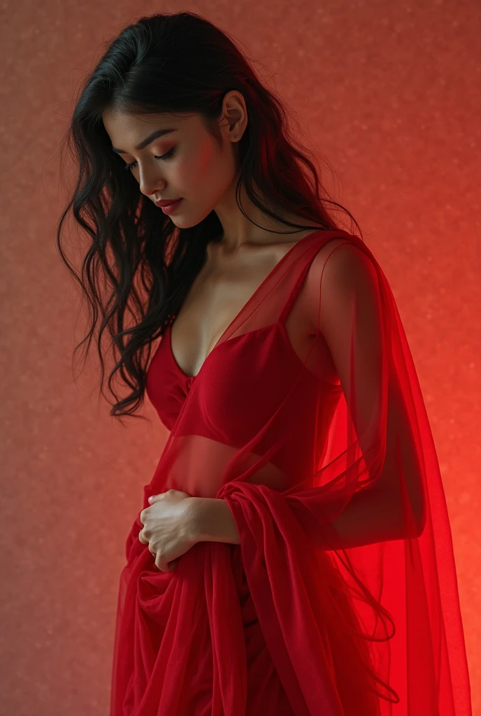 (photorealism:1.2), beautiful woman, sitting on bed,wearing a red georgette saree, red lips, medium length curly hair, nude makeup, dim ligjted room, white bed.large room