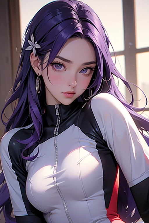 20 year old anime woman, purple hair, purple eyes, thin waist, outfit is tight and shows off her physique. Thigh gap, perfect ass, round ass, athletic physique. (4k) (High definition) (Ultra high resol)