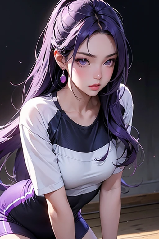Girl with long purple hair slim, cuteface, Flat Breast, in a tracksuit