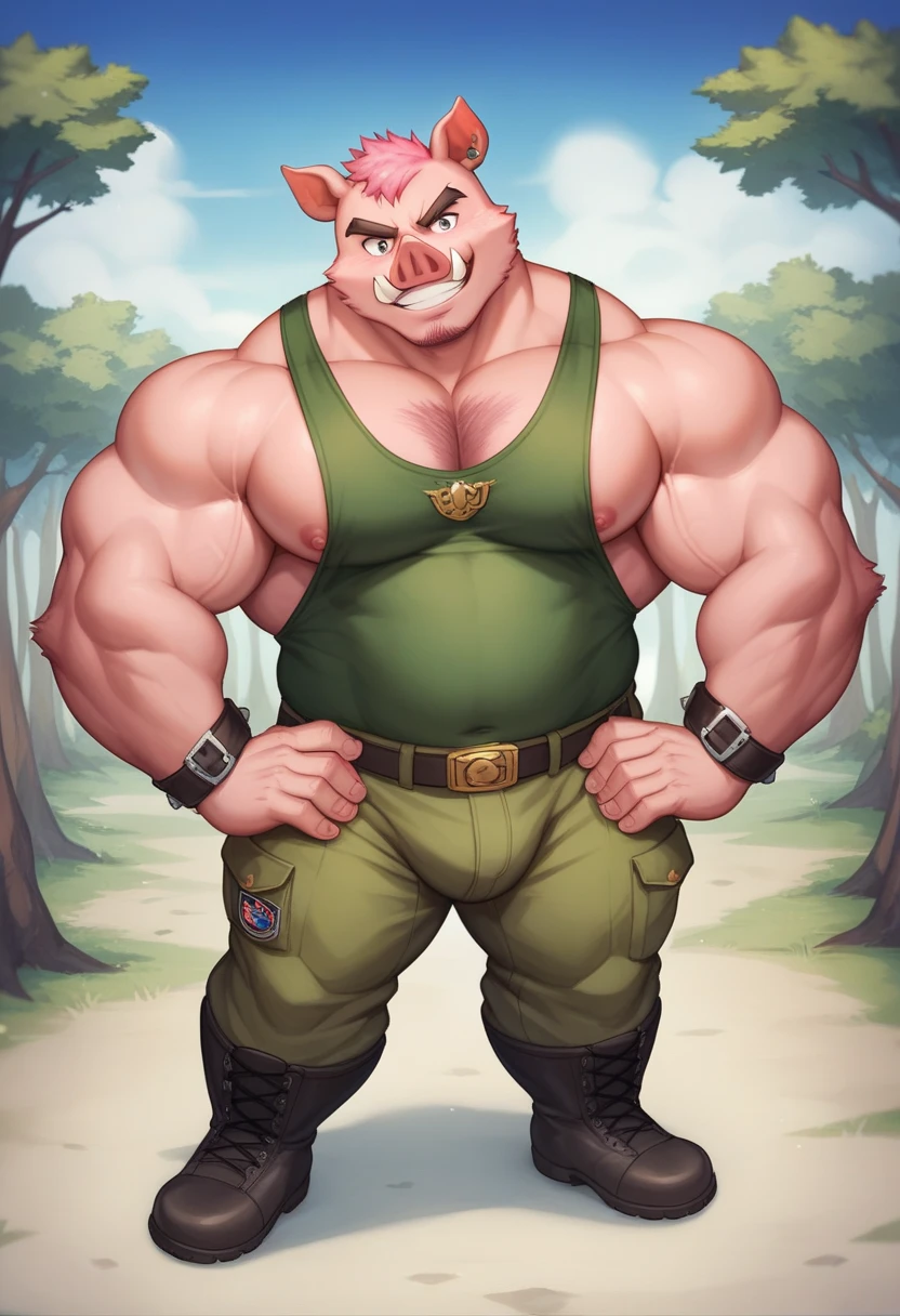 Im Stil von Pixar 3D-Animation filmen (Caricature). A blond man, stocky figure, dirty undershirt, grinning evilly stands out from a large pile of cow dung. People stand around and pay homage to him.