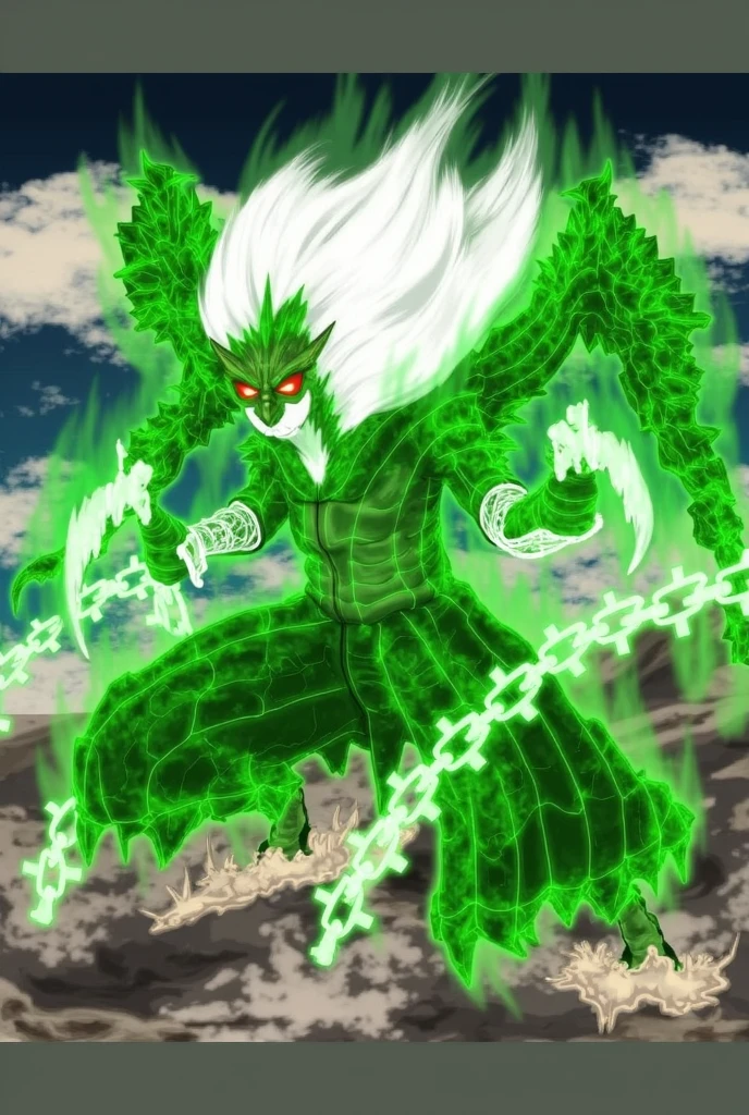 young, indigenous man, 30s, white and green hair, green eyes, tribal red face paint, evil look, in a forest, divine aura, powerful warrior, super white skin, with leaves covering his crotch