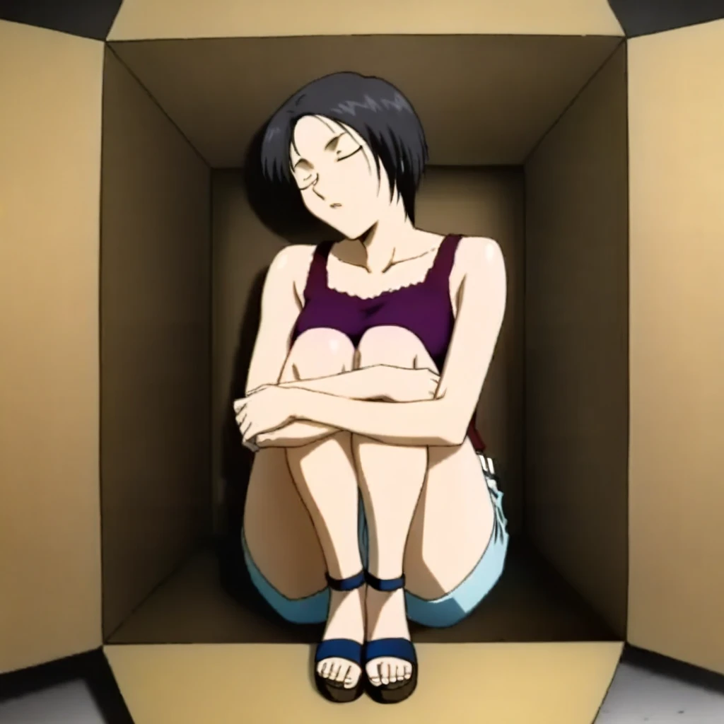 (masterpiece),The best quality,Amazing,Detail it up.depth of field,beautiful detailed eyes, Nico Robin, 1girl,Alone,cowboy shot,mature female,happy,light smile,5 toes, black toe nails, Focus full body, (((sit on a chair))),((( tied ankles together))),(((tied arms))),(((barefoot))), perfect feet, perfect body, not extra feet, not extra legs,not extra hands, not extra arms