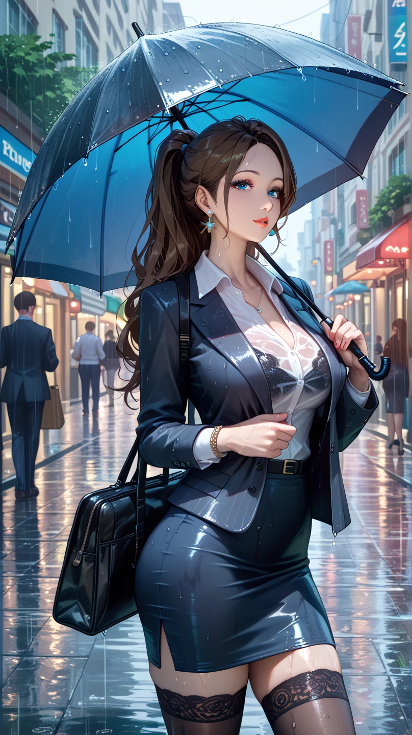 ((masutepiece)), ((Best Quality)), (Ultra-detailed), ((kawaii)), Cute, (lovely), ((Sexy)), (Ero), ((Extremely detailed)), 4K, (8K), Best Quality, (Beautiful), Anime style, Upper body, look down from above, full body focus, city, Town, (((put up an umbrella ))), Night, 1girl in, Solo, Suit, (((Beautiful dark brown hair))), Beautiful purple eyes, ((Beautiful eyes with highlights )), White-skinned, Ponytail, Transparent hair, translucent hair, large full breasts, Glasses, neck tie, tie, earrings, Troubled expression, Wind-effect, rainy, Rain, shiny-glistening, gleaming, wetted by water, reflection effect