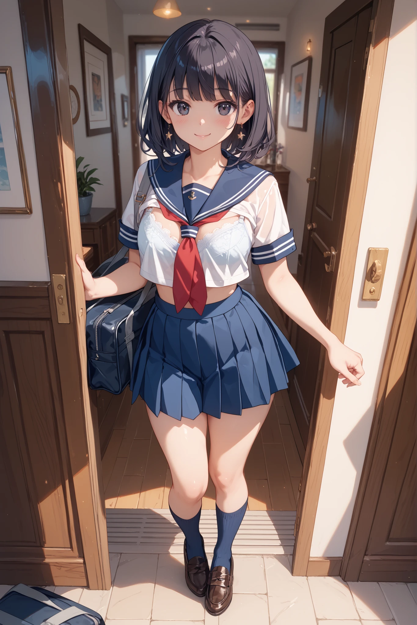 multiple views,nsfw solo girl,9yo,(serafuku and pastelpink lace bra and pastelpink lace Pantie and topless and clothes lift and Sailor and  and upskirt and lift skirt and lift shirt and nsfw and bottomless and clothed and),small breasts,(colour hair),glaring,slim,blue eyes,smile,embarrassed,in girl's room,