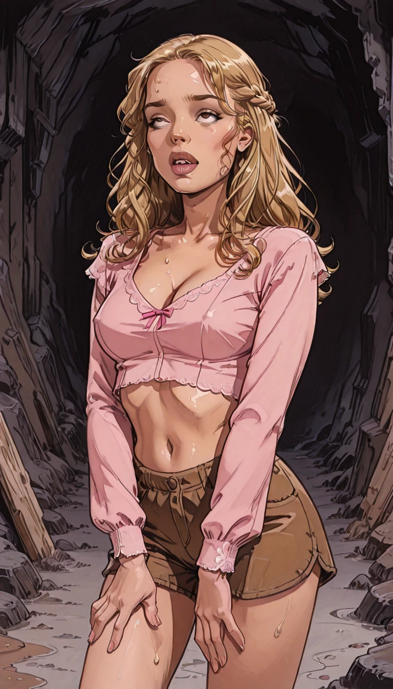 Caucasian woman, green eyes, blonde hair, wavy hair, long hair, athletic body, (((torn black shorts))), (((open black shorts))), (((topless))), (((black jacket) torn open))), full body, standing on wet stone floor, (((inside dungeon))), (((wound in right leg))), barefoot, disoriented, (((at night))) , shot from above.