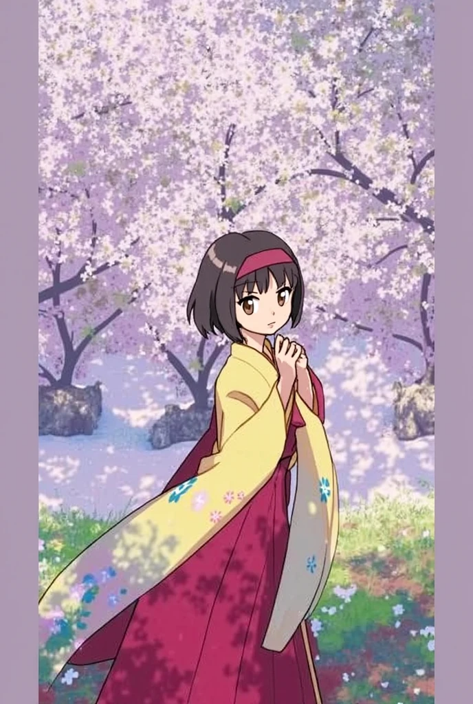 (((masterpiece: 1,5, best quality, high resolution, super resolution, ultra detailed: 1,2, rich background: 1,4))), (close up), (1girl), solo, green eyes, long hair tied with blue ribbon, hair ornament, blunt bangs, smiling, highschool girl, medium breast, ((hand on the air)), japanese clothes, (blue short pattern kimono), sandals, ribbon, obi, ((outdoor)), cherry blossom, (torii gate), stone staircase, sky (afternoon), cherry blossoms fall, ((dramatic light: 1,3)), cloudy, (fuji scenery behind)