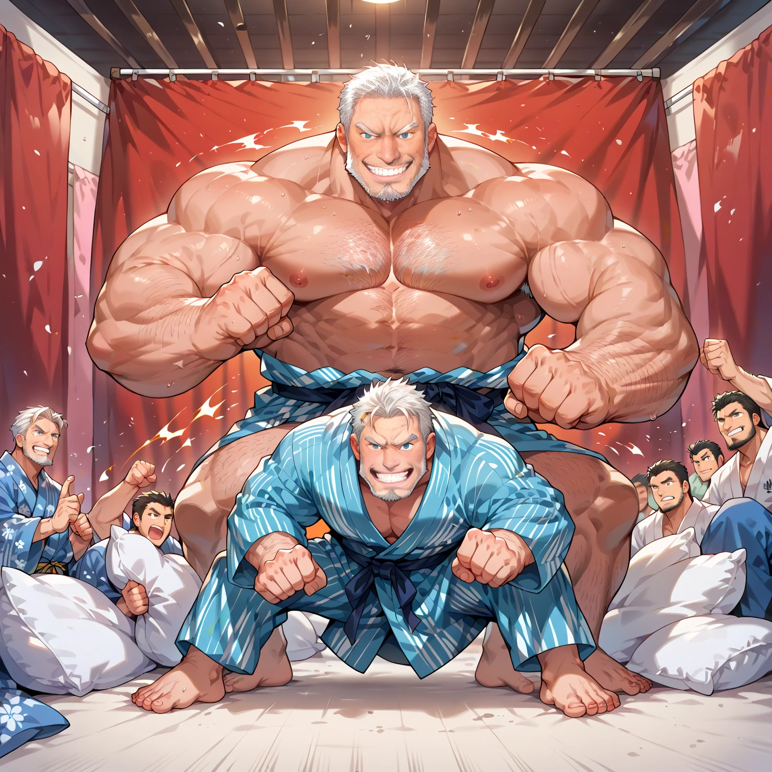 a very manly old man,The train squeezed several people from behind,Hugged him,Speak in his ear,Other men held him in their lap,Pick him up,(wearing bodysuit,The crotch is prominent and big),40k,photography of,tmasterpiece,Best quality at best,Big ass and big breasts,(white cardigan:1.3),old man leaning on back,Picked him up,striking various poses。muscle men,Muscular,