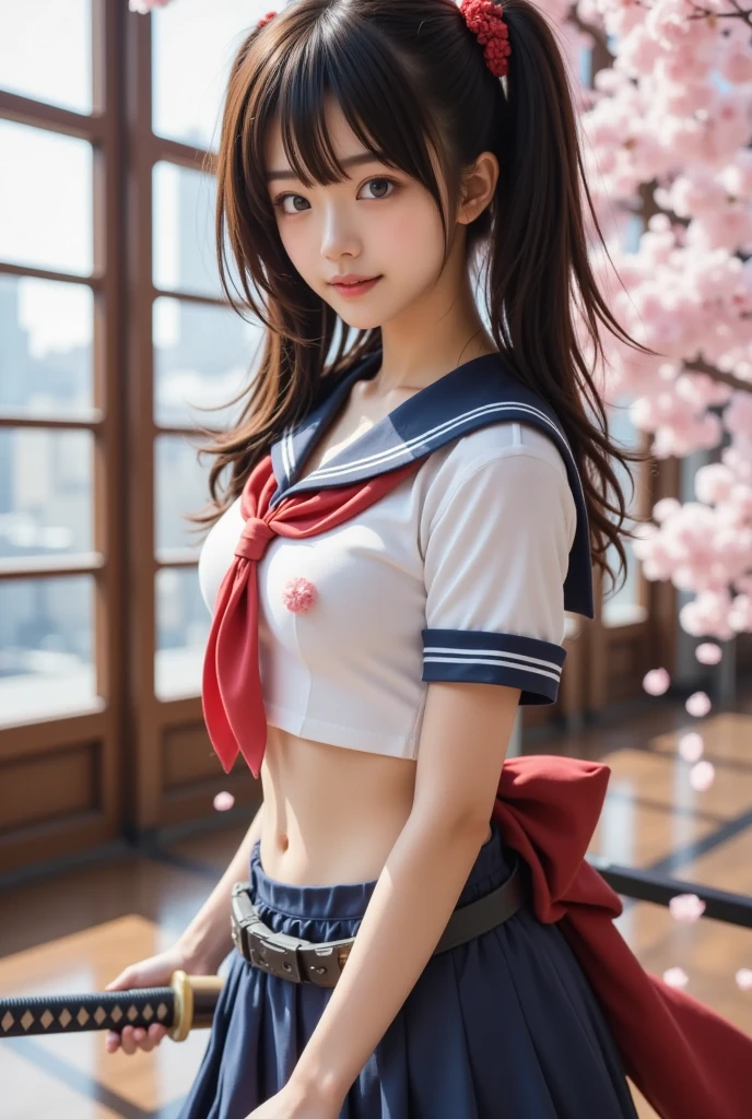 kujikawadef,twintails, forehead,,white serafuku , sailor collar,long sleeves,skirt below the navel, thighhighs,jewelry,earrings,standing,
best quality, highly detailed, masterpiece, absurdres,8k,   photorealistic, realistic,detailed skin texture,detailed pupils,HDR,natural lighting,
1girl,solo,(happy:1.1),(smile:1.2),shorthair,brown hair,(angular face:1.2),shiny face,large breasts, narrow waist, lip makeup,