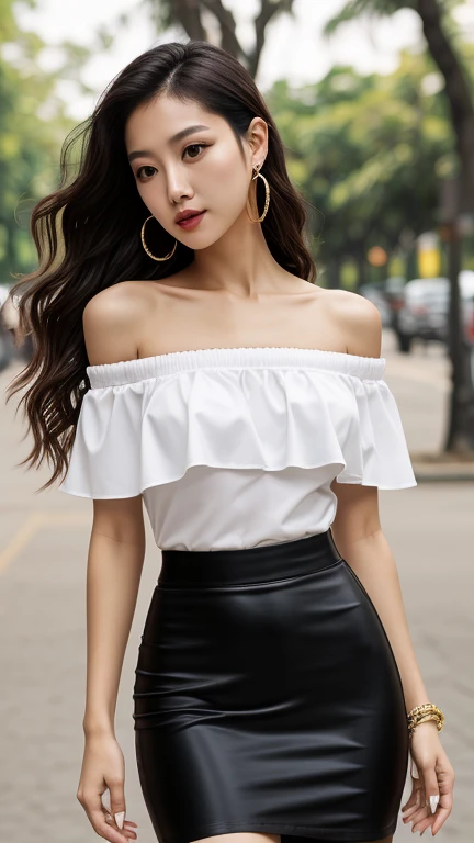 ((knee shot)), ((from side)), ((realistic)), ((off shoulder clothes)), 1girll, inside in room, Stand up, Cross ed leg, pretty legs, looking at viewert, Detailed scenes, curlies, Air bangs, Beautiful hair accessories, Brownish-yellow hair, ((Black top, White tight skirt)), (Campus style), warm lights, a warm color palette, Detailed details, ultra-detailliert, (tmasterpiece, best qualtiy), (An extremely delicate and beautiful work), Delicate earrings, Delicate necklace, Simple blurred background, Extreme detail description, Ultra-fine painting, Delicate face, slim toned body, (ssmile, Baring teeth), (anatomy correct)