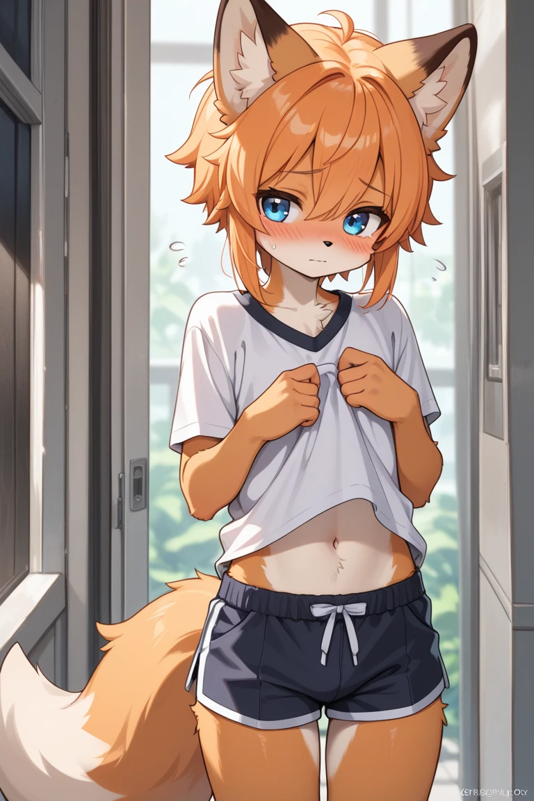 Solo, male, canid, (pointed snout), countershade fur, (orange body with orange fur), wearing (blue bottomwear and blue clothing), (clothed in a shirt with a noticeable bulge and blue shorts), (tears streaming down from eyes, eyebrows furrowed), (inner ear fluff visible and tufted tail swaying), young anthro, (shota with countershade face, torso, and tail), standing, (topwear slightly lifted, revealing a hint of bodily fluids), wearing (underwear underneath the shorts), (tears pooling in orange eyes as he gazes at the viewer), (countershade tail twitching in