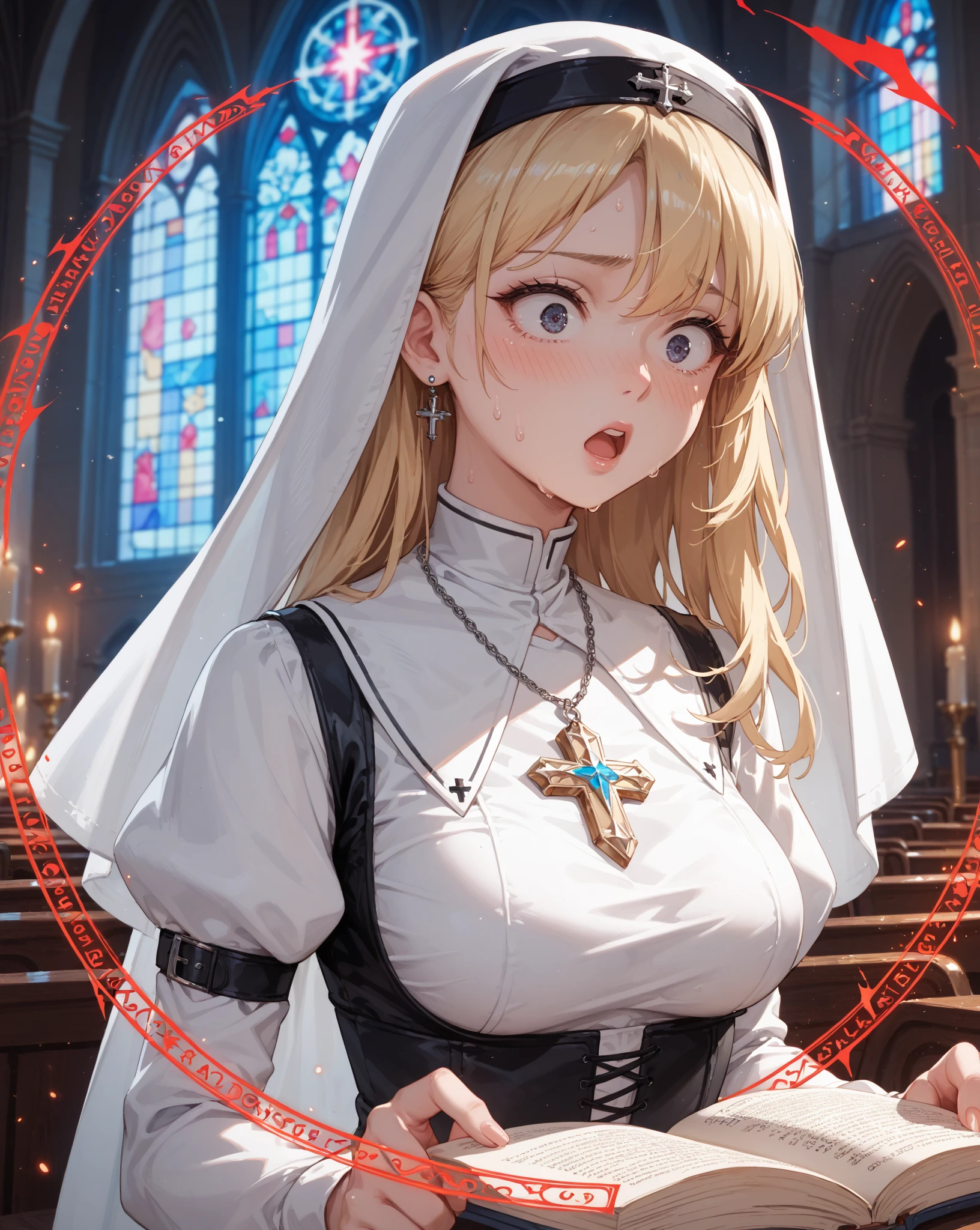 masterpiece、Super detailed、Highest quality、8K Illustration、(Julen E. Estario:1.5)、(Priest:1.5)、(Huge Tits:1.5)、(Blonde)、Sexy lips、Angry and embarrassed expression、cathedral