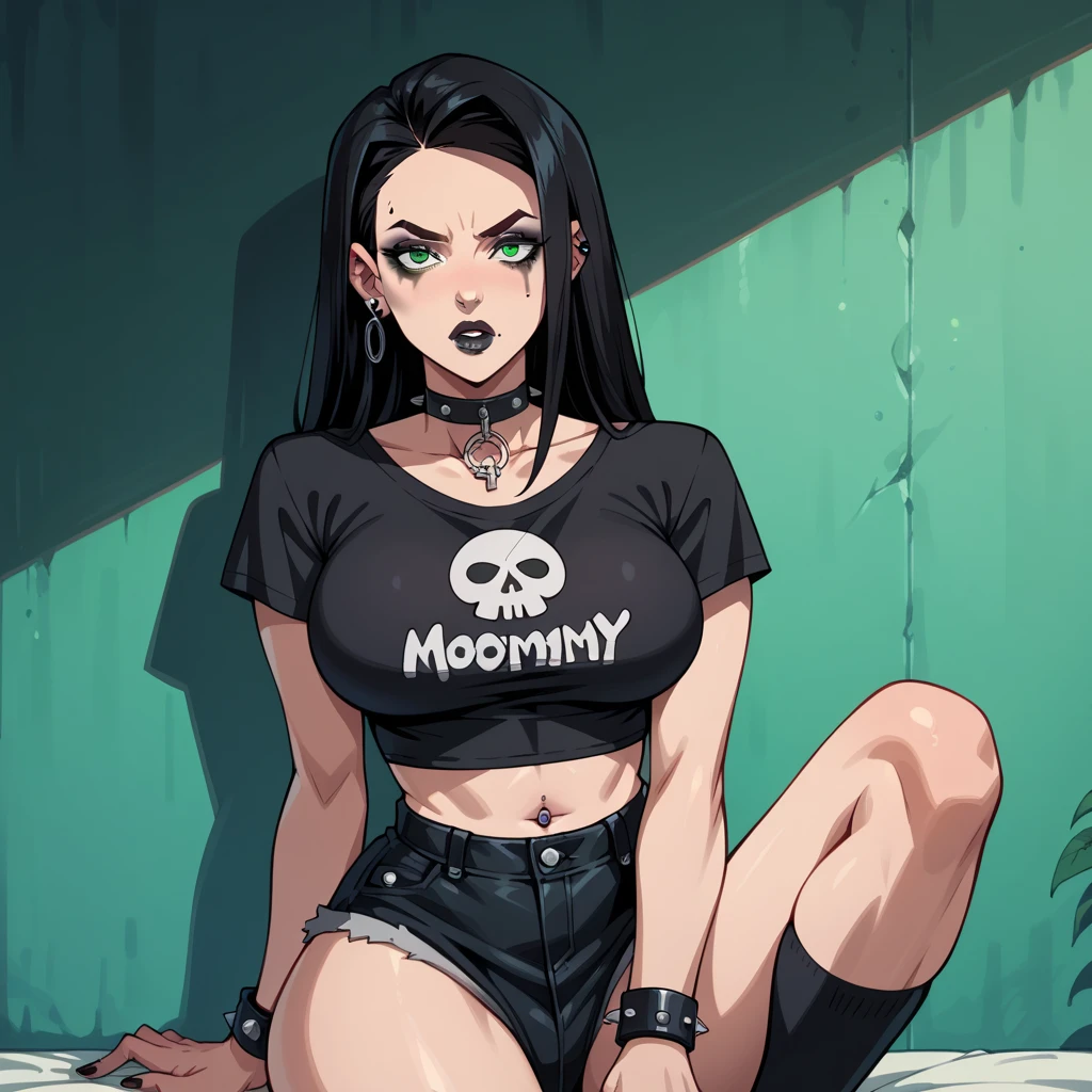 score_9, score_8_up, score_7_up, score_6_up, score_5_up, score_4_up, highest_quality, masterpiece, 1girl, black hair, blue eyes, female, hourglass figure, spiky ponytail, goth, black lipstick, black crop-trop t-shirt, off-the-shoulder shirt, long-sleeve shirt, shoulders visible, skull logo on shirt, denim shorts, shorts unzipped, underbutt, black thigh-high socks, thigh-high socks, B-cup breasts, minor cleavage, in dense forest, night time, full moon, foggy, high rise thong, black bikini top under shirt, presenting cleavage, parted lips, black choker, black rose tattoo on shoulder, toned stomach, ghostly pale skin, sitting on large rock, sitting indian-style, leaning back, simple makeup, catwing eyeliner, front view, necklace in between breasts, inverted crucifix ear piercings, red converse shoes