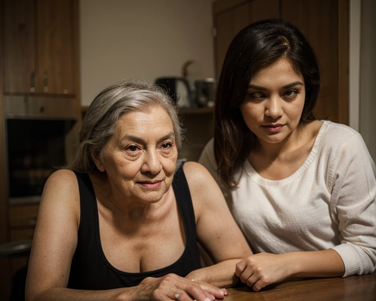 A 20-year-old woman with long black hair, European features, sits looking at a portrait on a bedside table, the image of her 60-year-old mother. Behind the woman, her elderly mother in spiritual form with magical lights and glows and half faded, the same as the portrait, rests her hand on her daughter's shoulder. The old woman seems to be the spirit of the image in the portrait, comforting and consoling her daughter