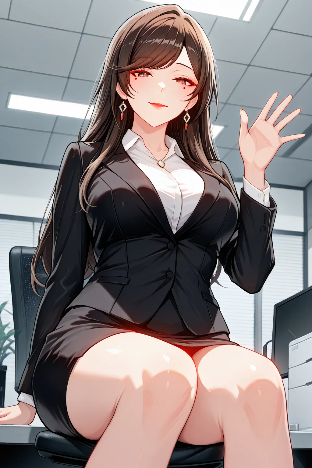 ulzzang-6500-v1.1, (hyperrealistic) , (illustration), (increase resolution), (8K), (extremely detailed), (best illustration), (beautiful detailed eyes), (best quality), (ultra detailed), (masterpiece), (wallpaper), (detailed face), solo,1 girl, looking at the audience, exquisite details, detailed face, front, bangs, 1girl, brunette hair, seductive, lust, longing, blush, mature female, ( Big breasts: 1.5), thin waist, (no underwear), slim, seductive smile, long hair, straight black shawl,
 ((Office Lady's Uniform)), 1girl, 16 years old, ((No Panties)), (Glasses), ((Dynamic Pose)), (Camel Toe), (Half), (Pantyhose), (Sitting), (Spread Legs)),, NSFW, Sheer Wear,
