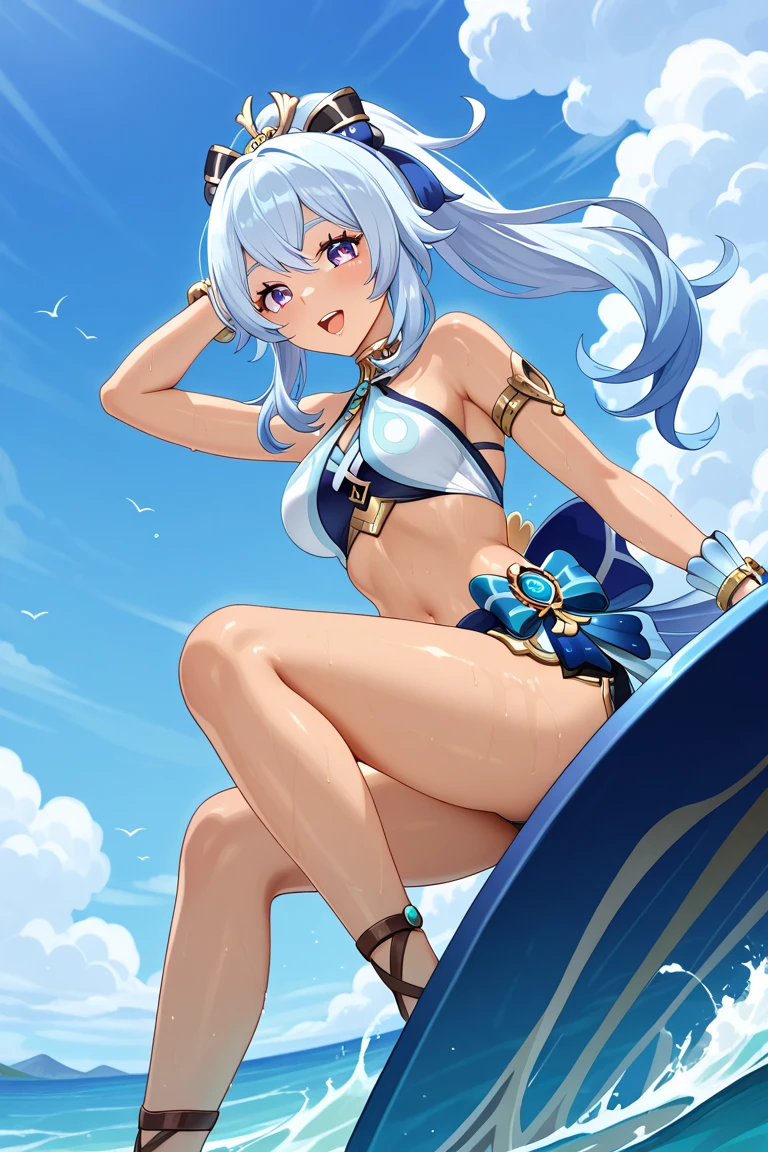 Khmeliza, 1girl in, Hair above one eye、White hair、Jewelry, single thighhigh, Midriff, Asymmetrical legwear、crouching down、The bikini、the beach、blue-sky、​​clouds、Into the cloud、String bikini、from the rear、T back、lensflare