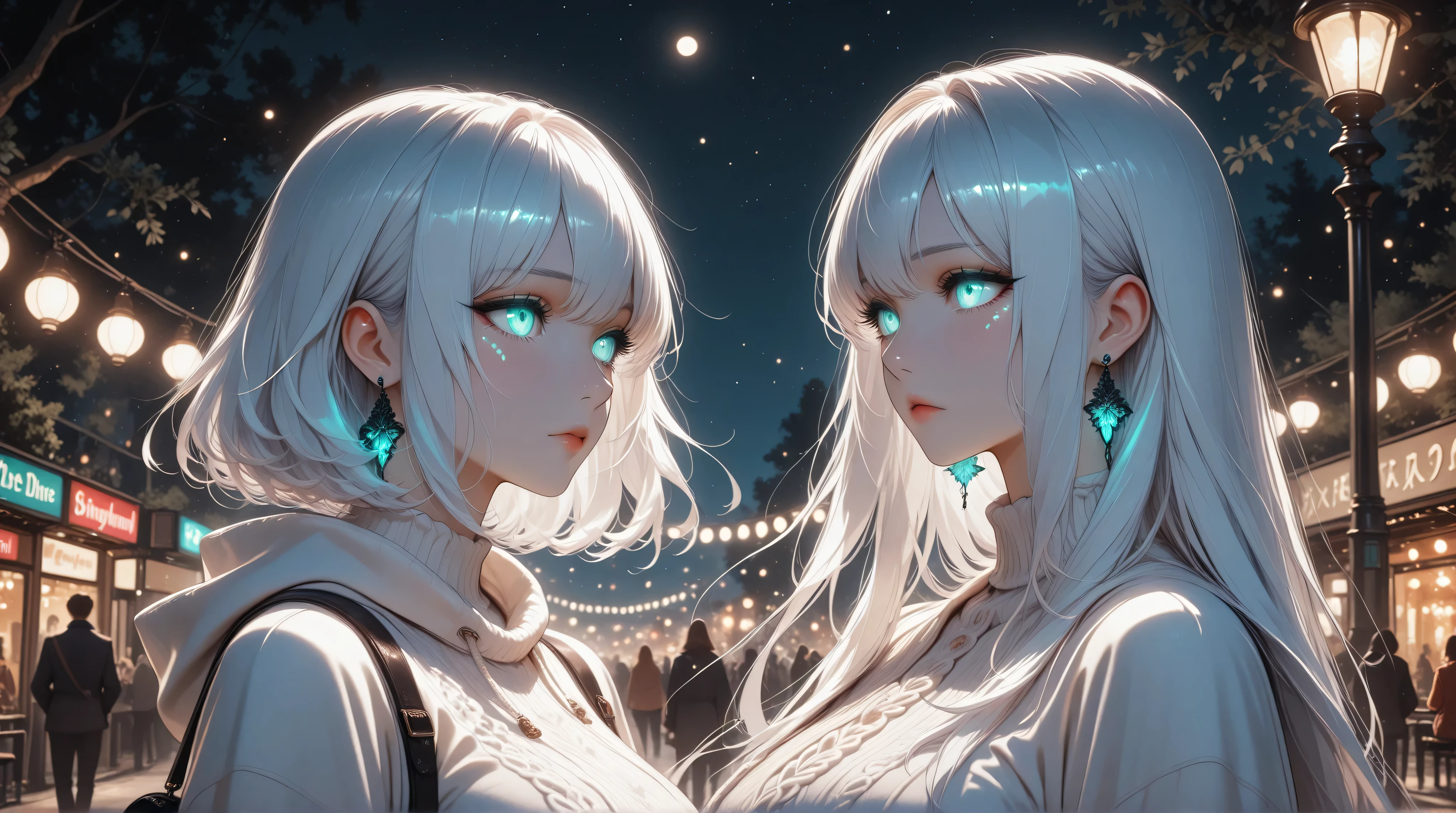 A beautiful adult albino woman with long white hair and glowing turquoise eyes, standing in a quiet park at night. She has a natural, warm skin tone and an elegant, thoughtful expression, as if she's waiting for someone. She's wearing stylish casual clothing suitable for evening. The park is dimly lit with streetlights casting soft glows, and the night sky is visible. The mood is calm, mysterious, and slightly romantic,