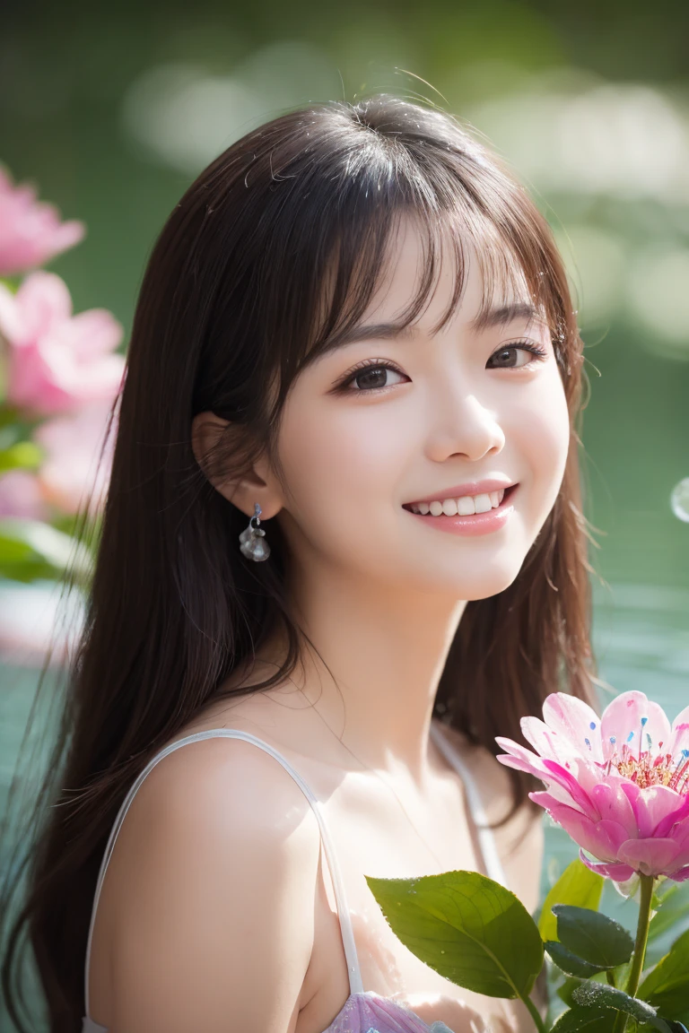(8k, RAW Photos, highest quality、masterpiece:1.2), (Realistic、Realistic:1.37), Super detailed, High resolution, 1 girl, laughing, View your viewers, Beautifully detailed face、(Holding a bouquet:1.3),Beautiful and detailed skin、Skin Texture、Floating Hair、Professional Lighting、