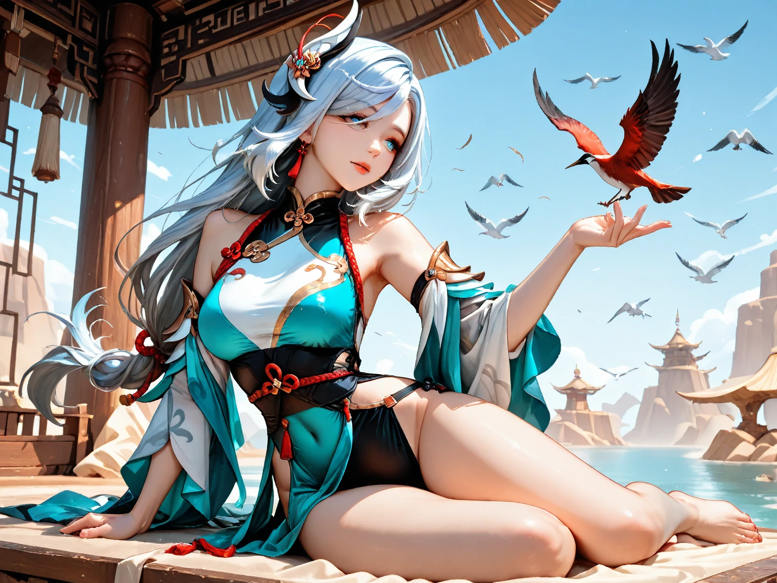 A DJ Buddha mixing music outside a temple on the beach next to a young tantric priestess in loincloth with tattoos and percings Ultra-realistic photo --auto