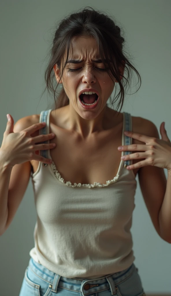 a pregnant woman highlights her belly with her hands over her hair with a face of great pain