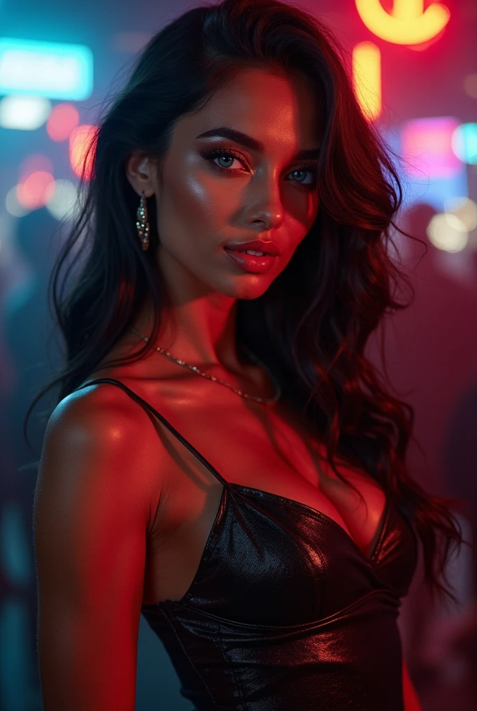 Hyper realistic Professional full body portrait, (1 girl:1.1) an incredibly beautiful, bright, long dark haired young woman,, Long curly hair, hyper detailed and perfect, detailed eyes, perfect face, dark makeup ultra detailed, extemly detailed and perfect face, face, neon background with cinematic photo,, Neon lights, sunset, reflective puddles, science fiction, 85mm photography, film, bokeh, Professional, 4k, highly detailed