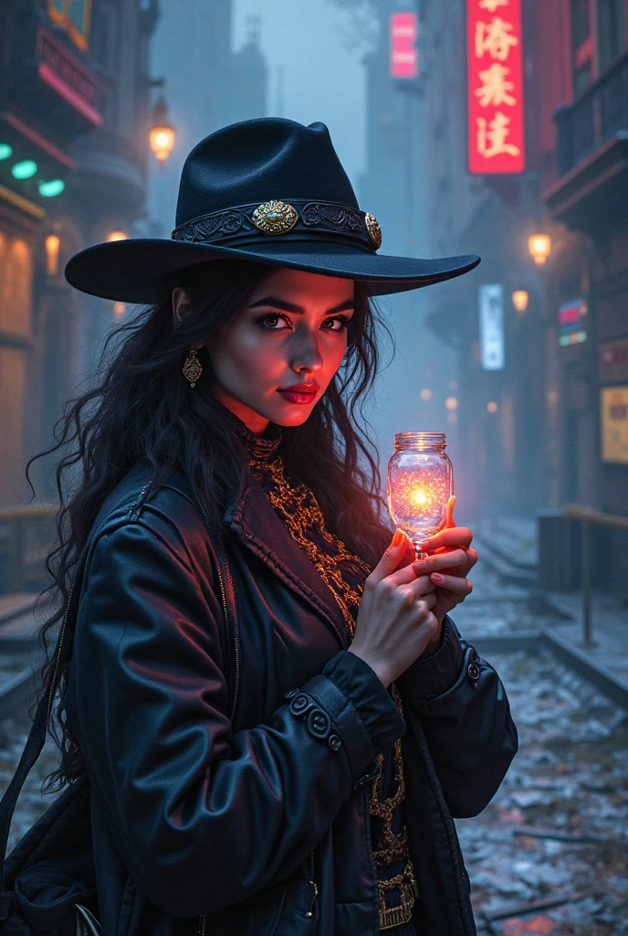 masutepiece, High resolution,Best Quality,High Definition, Perfect composition, Perfect face, Perfect body, Golden ratio, 8K,Insecure cities,Cinematic lighting,Mystical light,(Full body tattoo),tobacco,Colorful Hair Color,light skinned,Beautiful breasts,Witch,Navel,put index finger on mouth,From below,