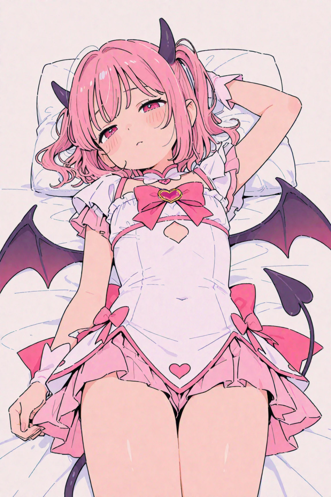 magical little girlまどか☆マギカ　　Madoka Shikame　A pink-haired　bright pink color　short-hair 　big red ribbon　The ribbon is tied at the back、校服　magical little girl　Eye color is green　sitted, Open your legs　Mature_Female, Yovoja, jewely, looking at the viewers, dent, abyss, chies, Catholic, kosmos, kirakira, Holo, mary, Grint, gradients, Overlay, Shadow, gland, florals, Glitter flowers, (wingspan),, lower back, a navel, , Foggy, Pink roses,Girl seen from the floor, It's okay to wear a skirt, View from below, I can see my panties, medium breasts, ((Very detailed)), (Perfectly detailed face), (Highly detailed hands), Photorealistic images,White panty,up skirt,Lace panties,Not looking at the camera,Thin panties, Sheer are visible,Embarrassed look