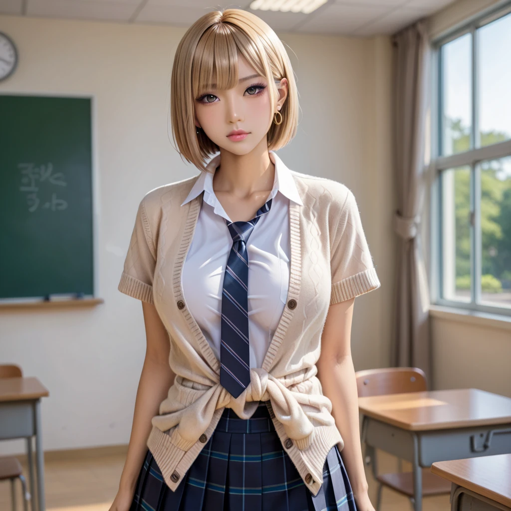 One woman,hi-school girl, cleavage,a blond,short-haired,School Uniforms,Classroom,In front of the blackboard,sexypose、(all nude:1.3)