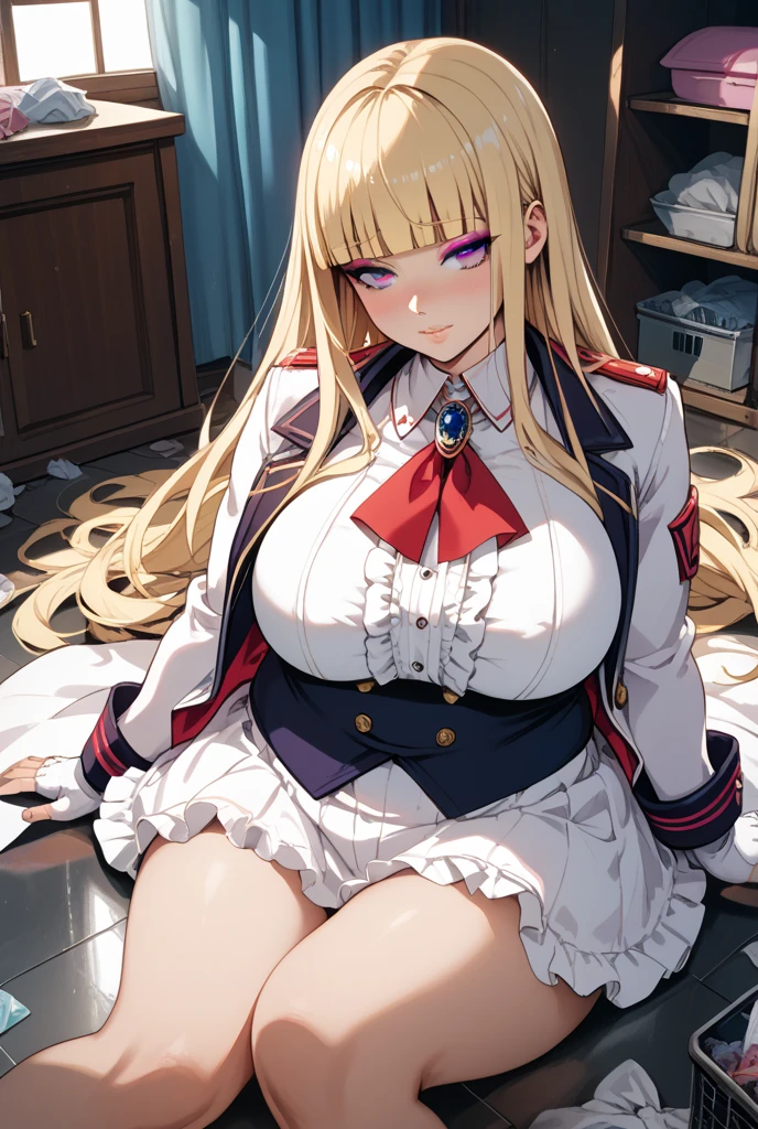 masterpiece, (best quality), 1woman,1girl ,Rit_BFTHP, blonde hair , blue eyes,long hair,young woman ,french braid , best quality ,big breasts,uniform,skirt, full body