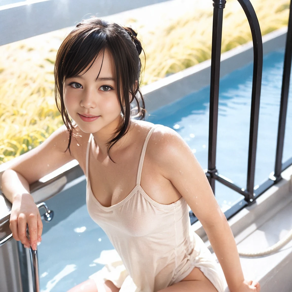 (top-quality、8k、masterpiece:1.3)、Beautiful Women in Perfect Figure:1.4、dark brown hair、extremely detailed face and skin、A detailed eye、二重まぶた、huge tit、a smile、g-cup
