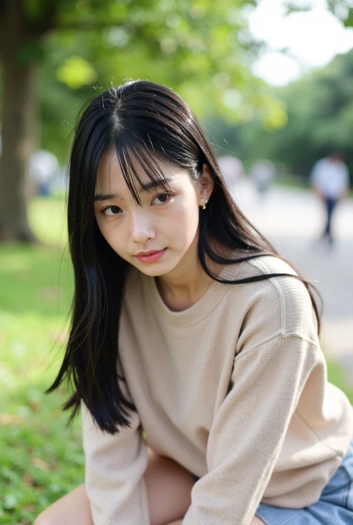 masterpiece,best quality,ultra detailed,ultra high res,realistic,mojz,1girl,solo,sweater,mole,looking at viewer,long hair,realistic,blurry,freckles,black hair,lips,blurry background,brown hair,