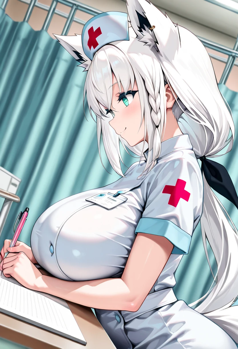 NSFW,masterpiece,Highest quality,High resolution,Super detailed,Shirakami Fubuki\(Hololive\),Gray Hair、One-sided braid、Ahoge、Earrings,Fox ears,Fox tail,nurse,Pink Nurse Uniform,Nurse cap,Stethoscope,Embarrassed,blush,Expecting face,Bewitching Smile,Sexy look,hospital,Examination room,desk,pc,Chair,(Seduce),Cleavage,examine,Chairに座っている