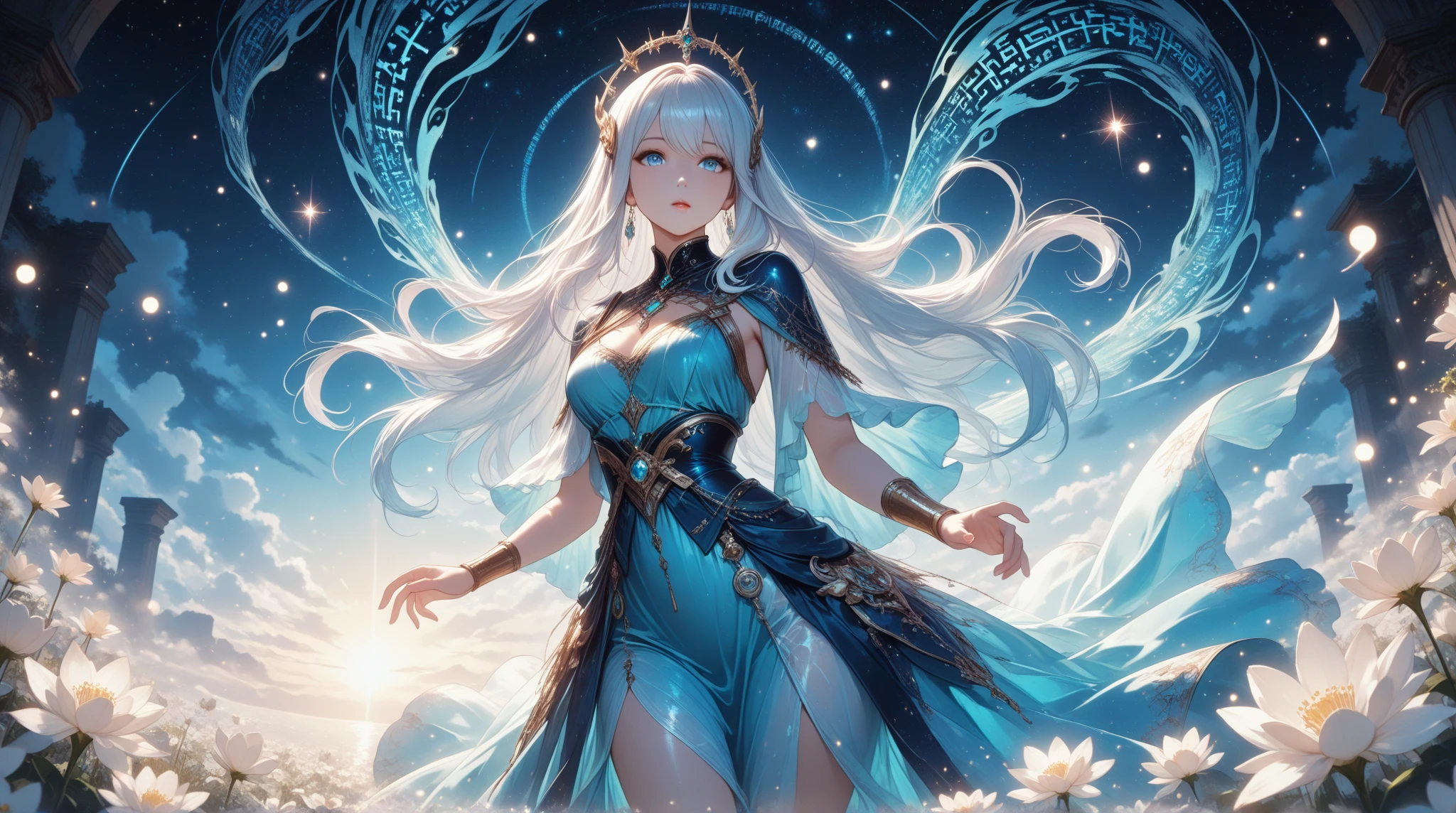 Jinhsi from wuthering waves, 1girl, white long hair, beautiful detailed eyes, beautiful detailed lips, extremely detailed face, longeyelashes, deity, goddess, ethereal, anime, fantasy, portrait, masterpiece, wallpaper, character splash art, (best quality,4k,8k,highres,masterpiece:1.2),ultra-detailed,digital painting,cinematic lighting,dramatic lighting,dramatic colors,vibrant colors,intricate details,highly detailed,elegant,serene,mystical,powerful,graceful,luminous,glowing,ethereal glow,ethereal atmosphere,ethereal presence,angelic,majestic,divine