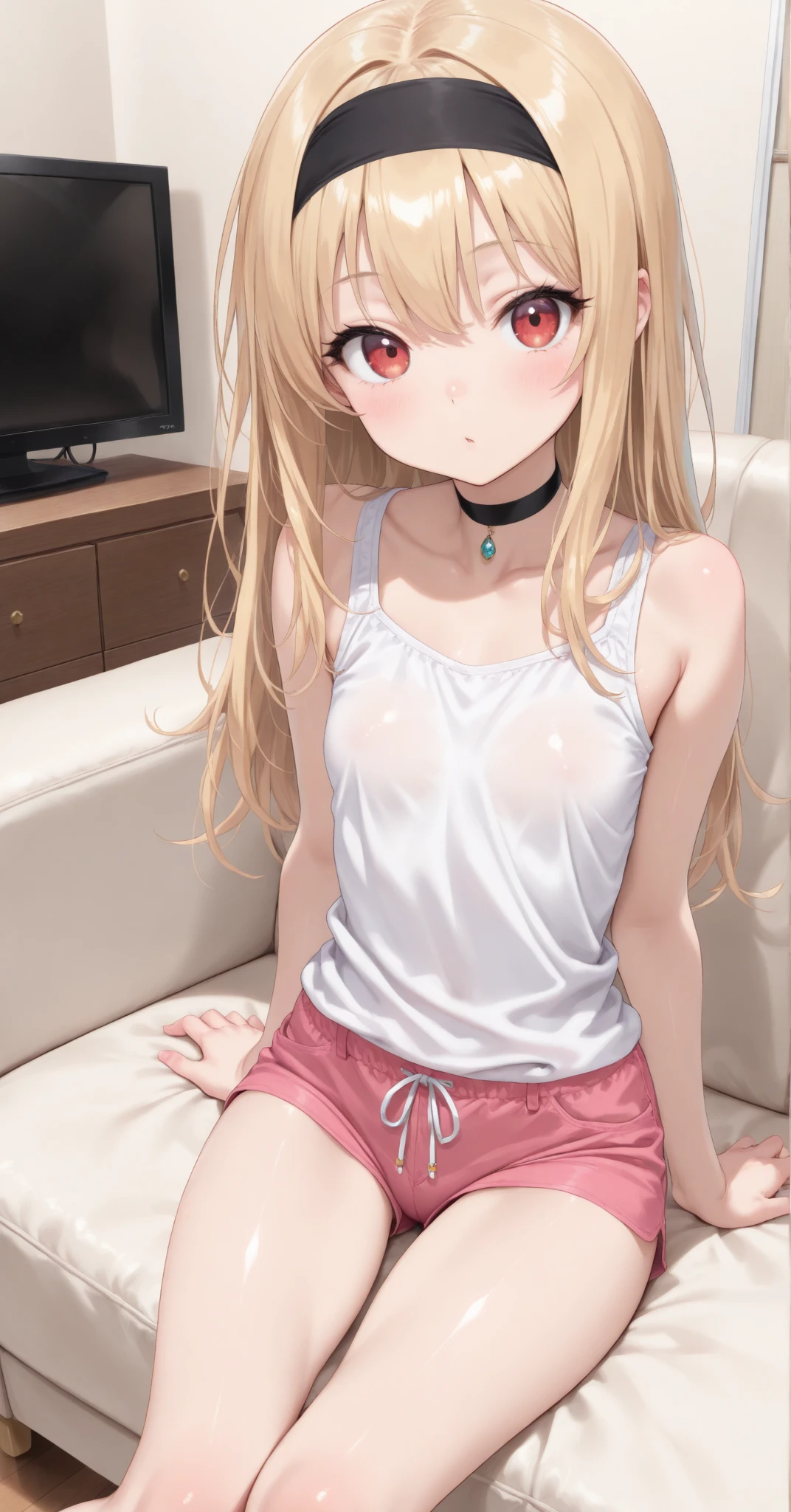masterpiece, highest quality, High resolution, kitagawa marin sb, From above, 1 girl, blonde, Long Hair, Colorful Hair, Red eyes, jewelry, Earrings, Earrings, (Spread your legs), Sexy pose, seductive pose, One boy, penis, Squatting cowgirl, Vaginal, pov sweat, blush, close your eyes, Open your mouth, Her Room