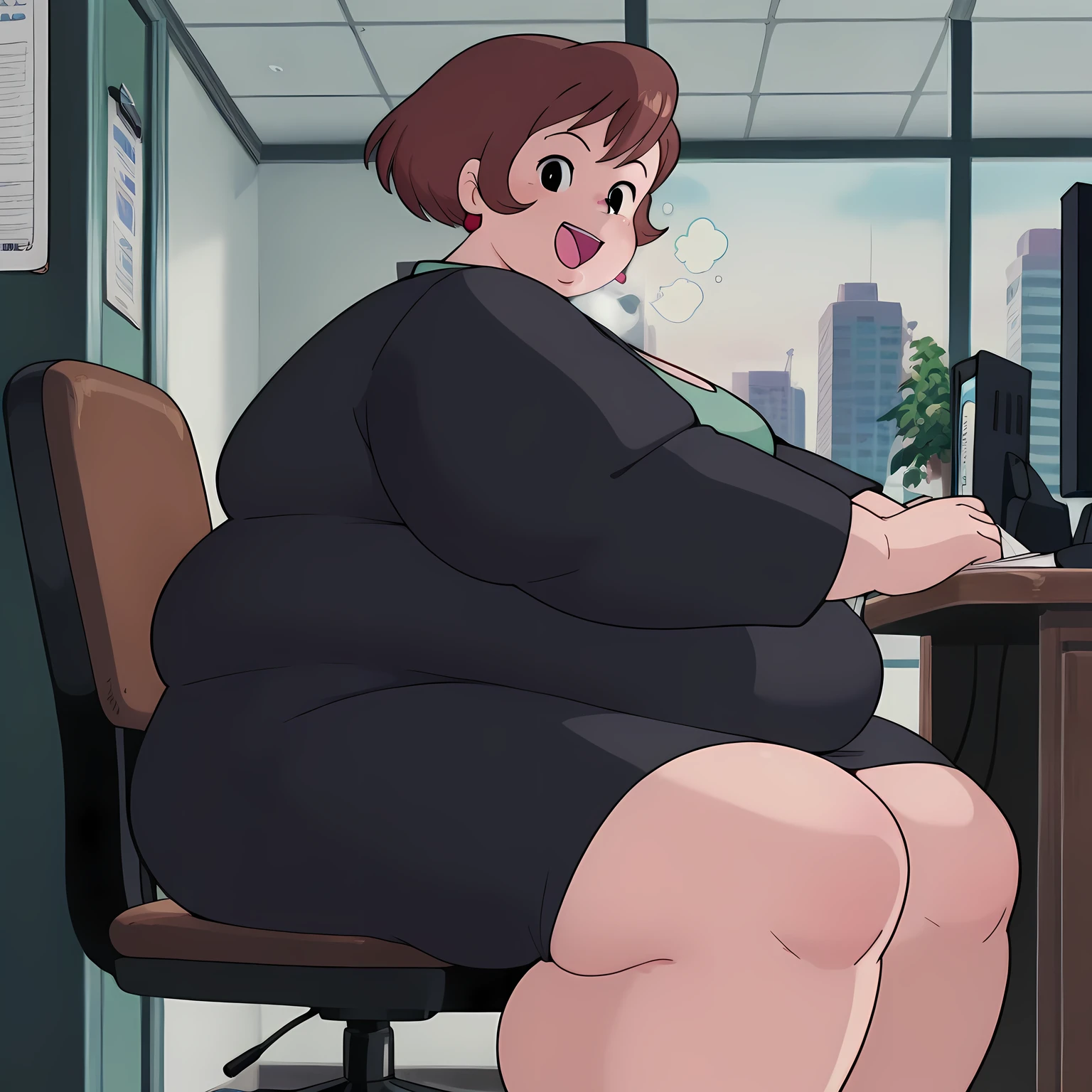 1girl,solo,mm,mature female,short hair,brown hair,black eyes,earrings,anime coloring,
formal, black suit,office lady,black skirt,sitting, on chair,office,looking at viewer, smile,indoors
,masterpiece,best quality,amazing quality, fat, chubby, obese, gigantic arms and legs, large breasts open mouth, out of breath, from side, side view