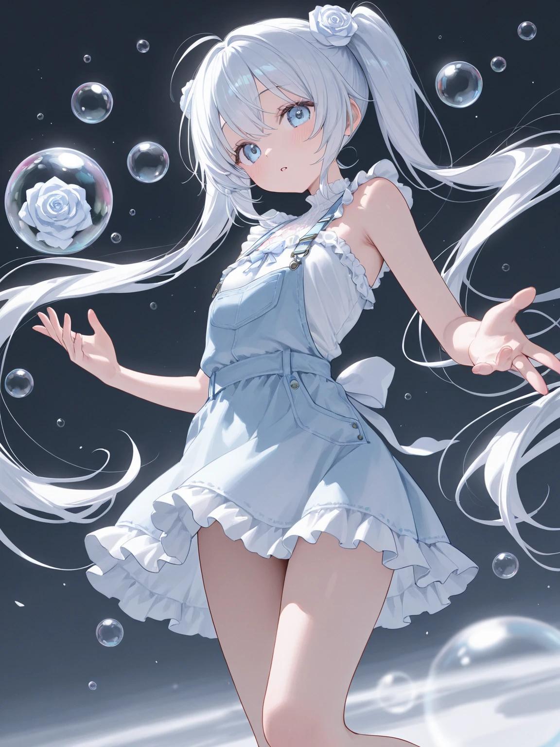 Solo front full body portrait chiquita Short stature and flat chest kawaii girl a smile Cat Beastman White cat ears white loose hair two white tails white short dress One hand is raised