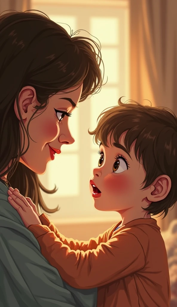 Visual Prompt: The boy speaking to his mother, his eyes wide with hope and curiosity. The mother is sitting beside him, listening attentively with a gentle smile. The setting continues to be the warm, homely living room.