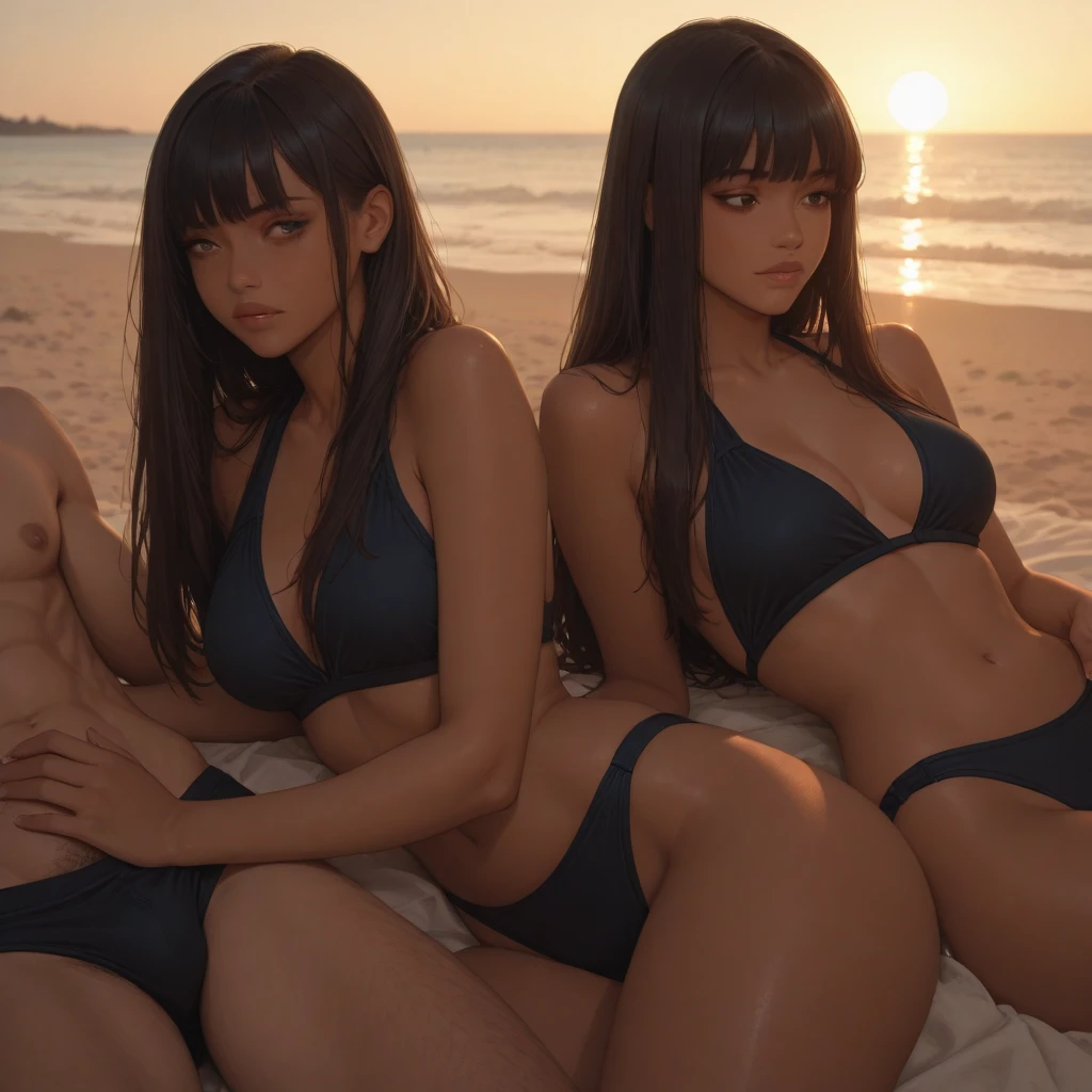 NSFW, (((Uncensored))), (((Clear picture))). high image quality, high resolution, 18 year old beautiful girl、shiny black hair、Hime cut、Brown eyes, dark eyebrows, J-cup huge breasts、172cm tall、tightened waist,、red bikini, sexy pose, Sandy Beach、Blue sky