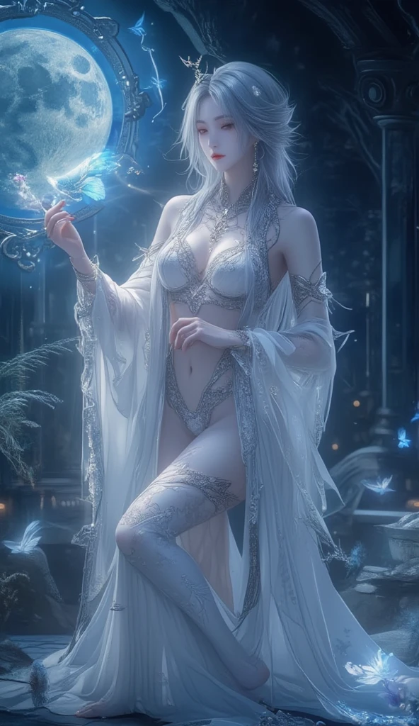 Title: Queen of the Silver Moon and Night DreamsAttributes: Lunarisia is the goddess of the moon, dreams and the night. Represents calm, the mystery and hidden wisdom.Physical appearance: An ethereal figure with silver skin and eyes like full moons. Her hair flows like a waterfall of moonlight and she wears a robe made of stars..Symbols: The crescent moon, The stars, the owl.