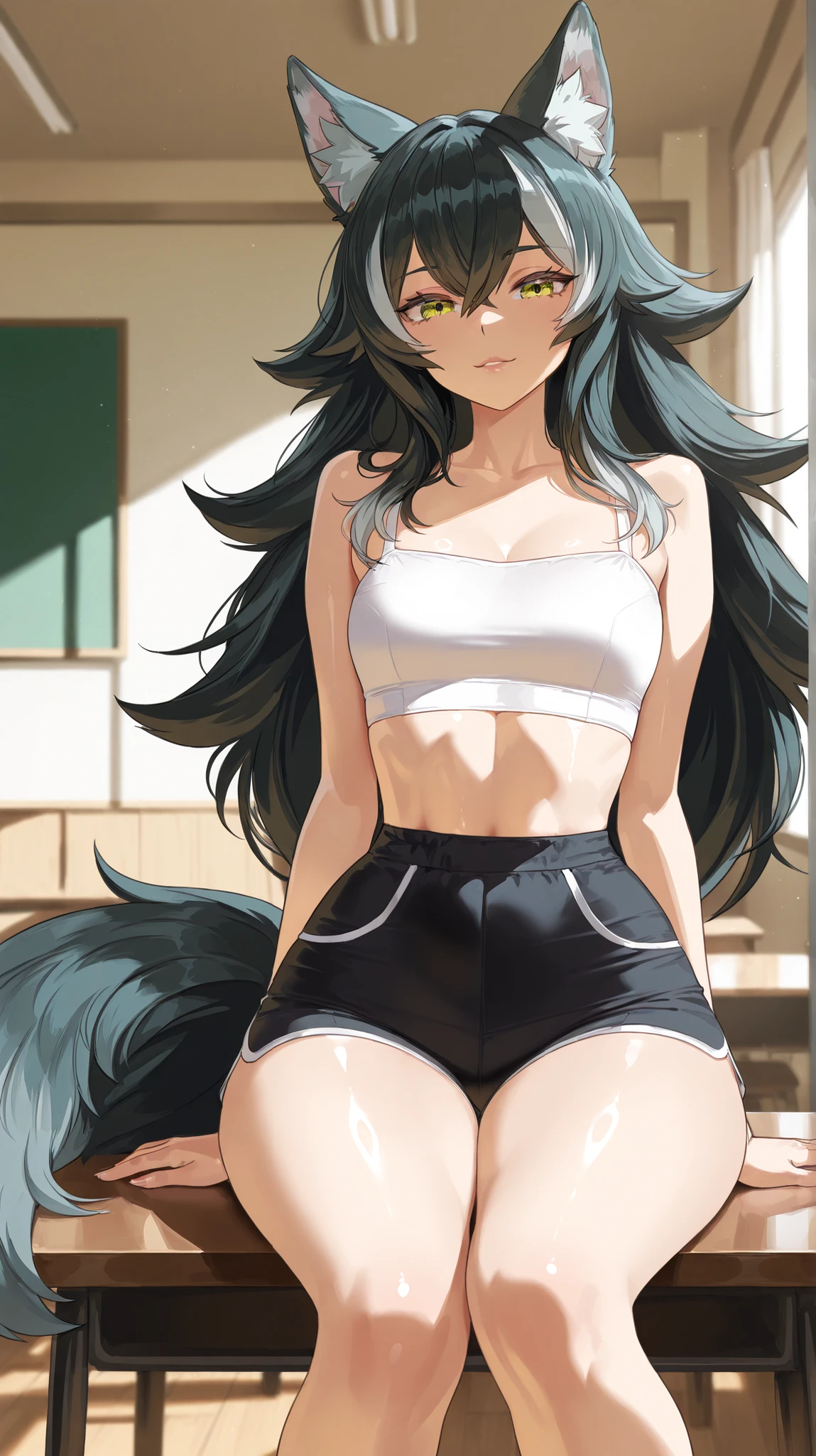 masterpiece, best quality, ultra-detailed, illustration, warm lighting, bright colors, 1girl, solo, purple eyes, dark blue hair, dark skin, carmen_(counter:side), cat ears, cat girl, cat tail, very long hair, jewelry, crazy eyes, crazy_eyes, medium breast, heart-shaped eyewear, 

stomach, navel, hand on hip, cowboy shot, bare shoulders, collar, collarbone, smile, midriff,

gym, exercise machine, indoors, [[[[obliques]]]], steaming body, thighs, bare legs, hand on own thigh, depth of field, weights, sitting, no shoes,

hands behide back, hidding hands, hidden hands, hands in pocket,

 <lora:carmen_com3:0.5>