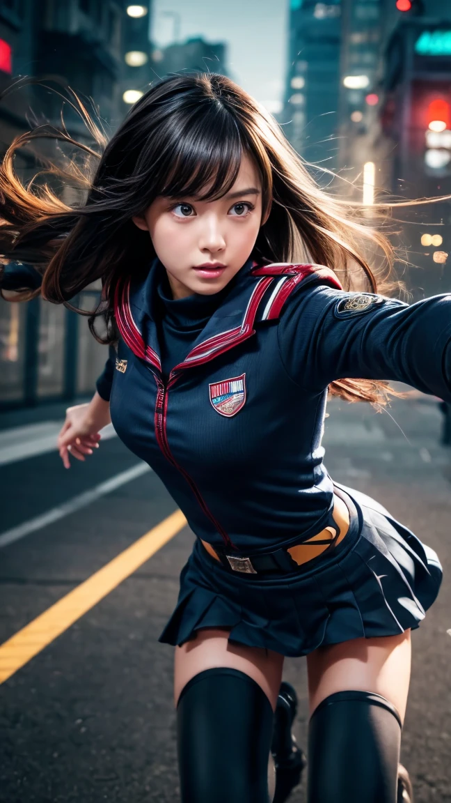 Screenshot of boku no hero academia, pretty girl, medium long hair layered with waves, black from the roots to the middle and the tips are bluish black, UA uniform, slanted eyes, bright smile, espresion would be, light brown eyes, rays of light coming out of his hands, attack stance, sideways