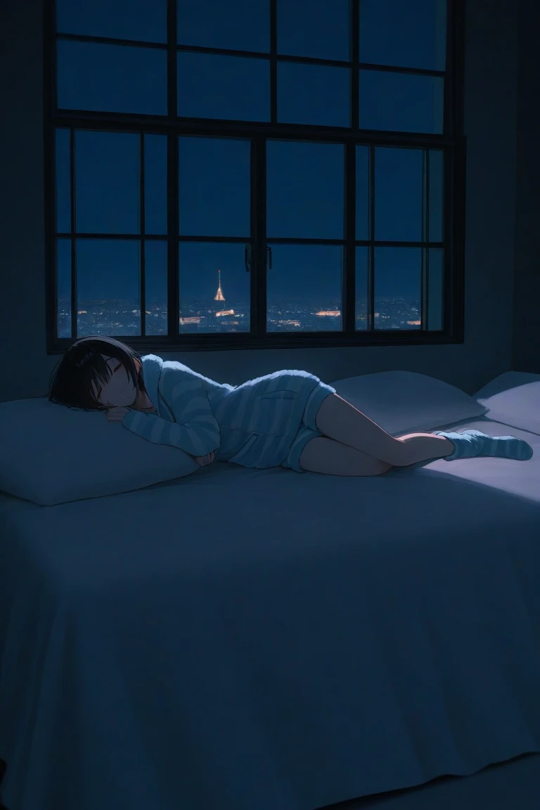 Highest quality(8k)masterpiece、Time: Night(1.8)He is lying on the bed by the window and talking on his cell phone.(1.8)Clothing is high school uniform(1.8)The night view can be seen from the window(1.8)、A room in a high-rise apartment with very large windows(1.8)It's dim in the room.(1.8)、One girl、Very cute、Best Style、Hairstyle(long(1.8))The room is a high school girl's room(1.8)、There are no curtains、