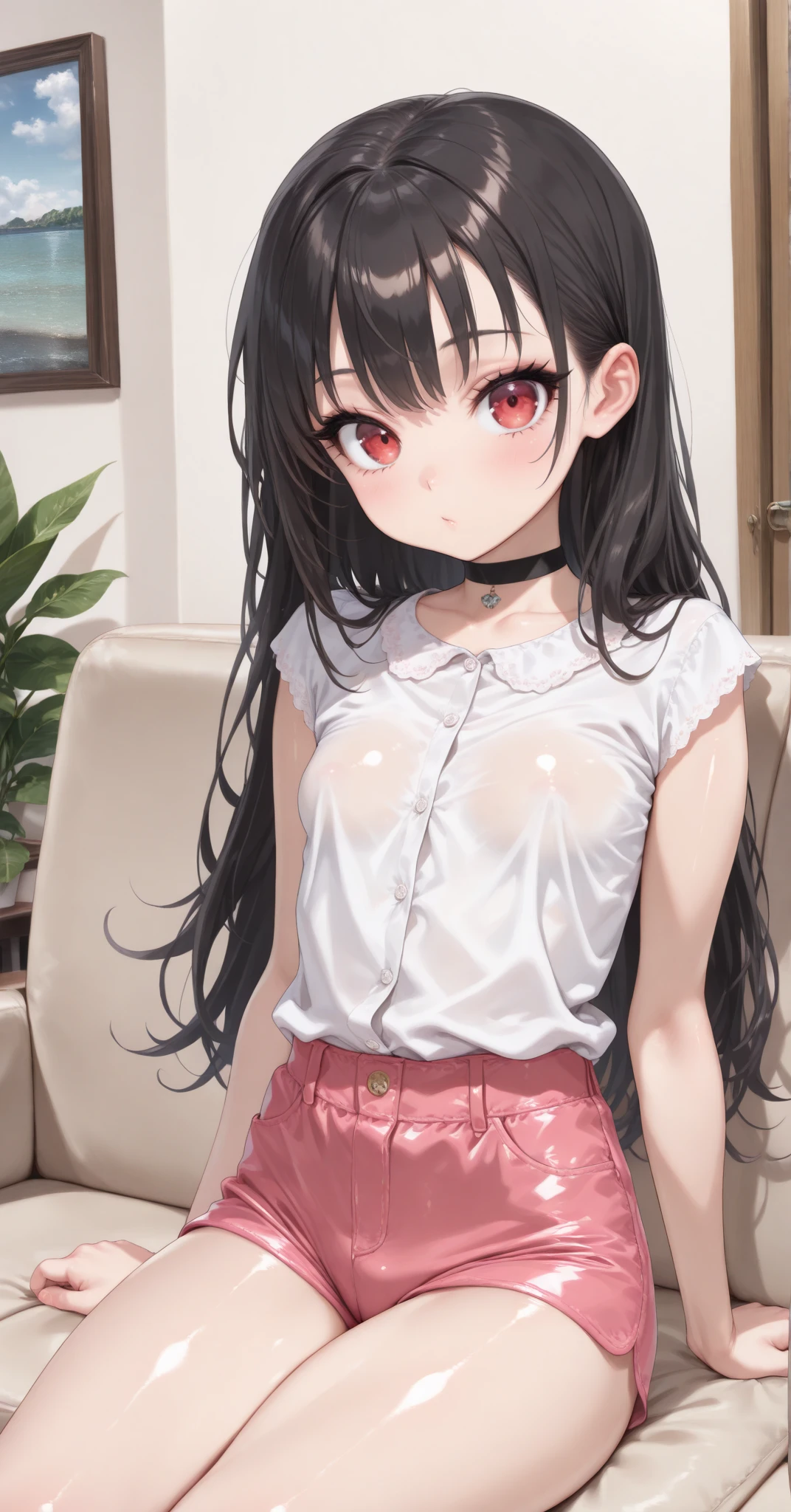 ((((((1girl))))))(((girl'my room、narrow、curtain、bed、stuffed toy)))、((((white camisole tops:1.6))))、(((((long skirt:1.8)))))(((high school girl、13 years old、middle school2grade)))、(((flat chest:1.7)))、small ass、sober、low length、(((((long bangs hide the eyes:1.3)))))、((freckles))、((((long black hair:1.7)))) (((hair band)))(((black rim glasses:1.2 black eye)))、bevel、look at me、(((cowboy shot)))(((blush)))