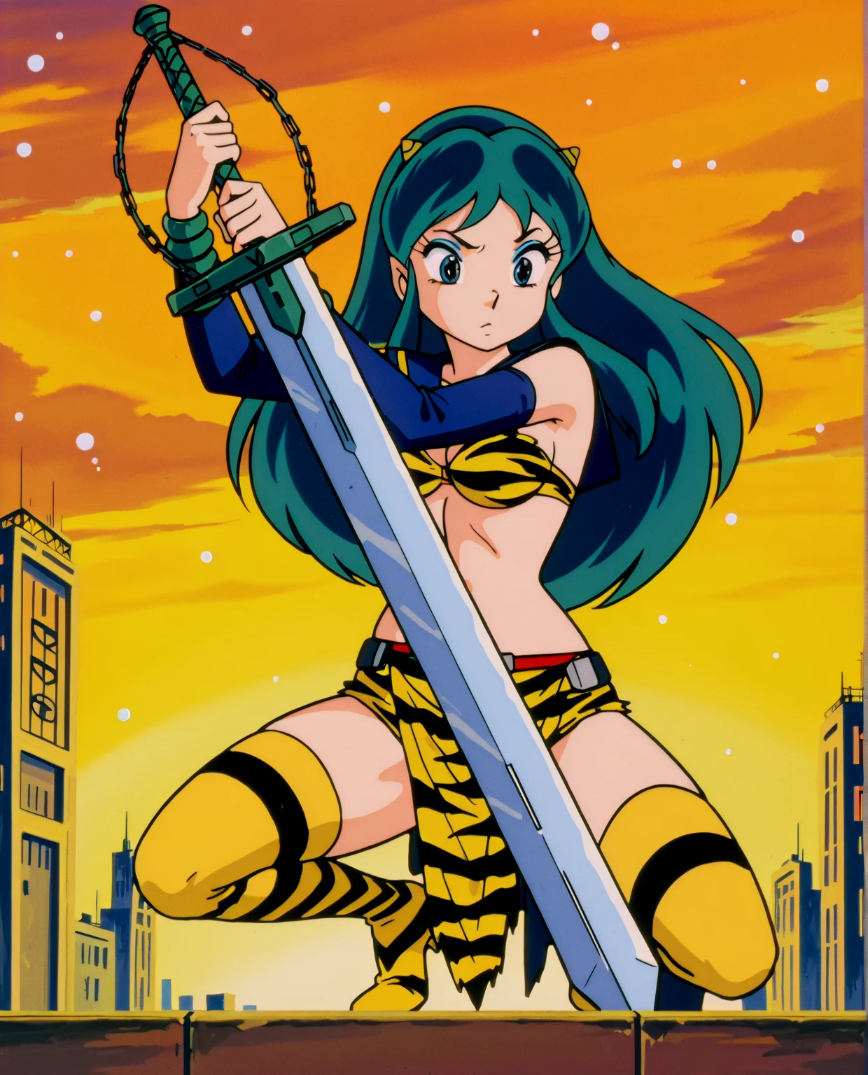 lum, , , urusei yatsura, cloak, pants, pullover, lance holding, weapon holding, standing, sharpteeth, rpg city background, refsheet