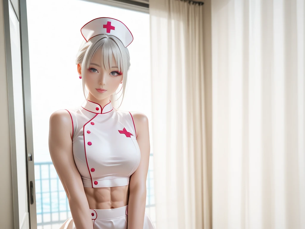 (Hi-Res、Super Detail、Ultra-delicate image quality、超A high resolution、A hyper-realistic、HDR)、Full body depiction、Squat and open legs、slenderbody、big drooping eyes、long and thin legs、on the beds、nurse's outfit、Shiny blonde hair、pink areola has a hard and long protrusion in the middle,、Applying full-body lotion、Mass sweat、de pele branca、A seductive smile