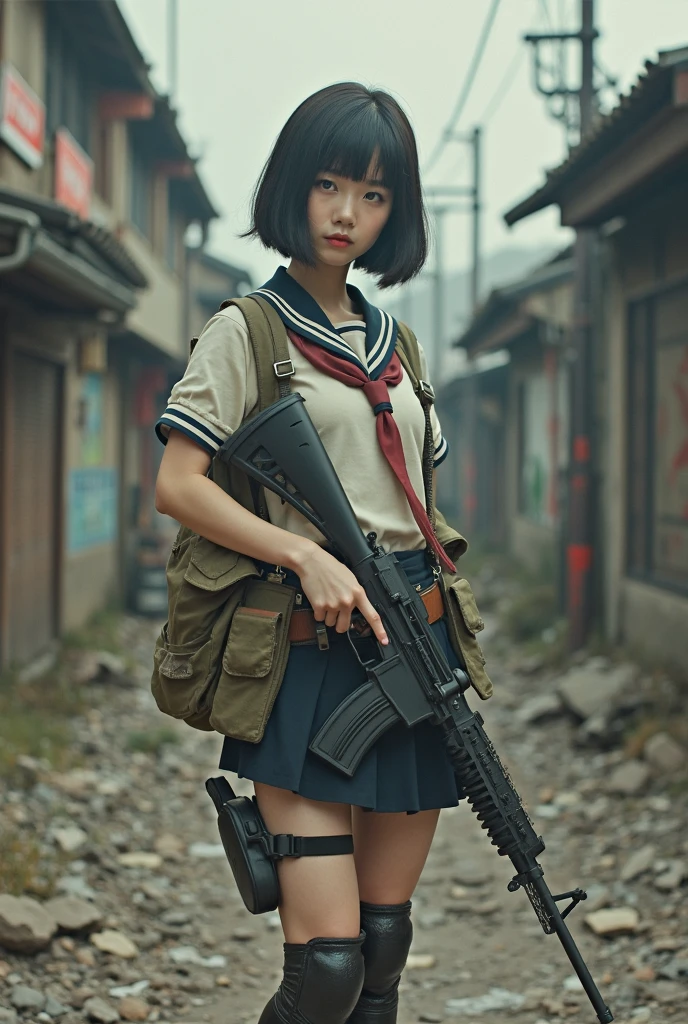 survival game、Black combat uniform、survival gameのフィールド、A beautiful girl is holding a pistol、head to waste、
