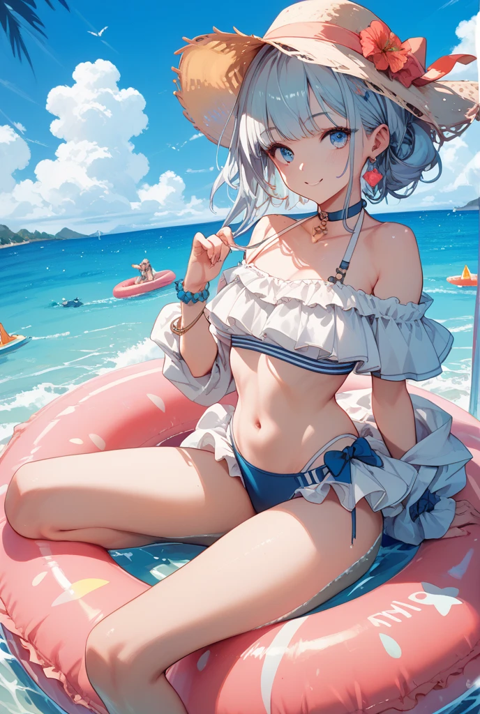 super high quality,Amane Kanata,Cute black swimsuit。。Place your hand on your stomach。,Slender body,Small breasts,whole body。short hair,About play equipment,Crying loudly。