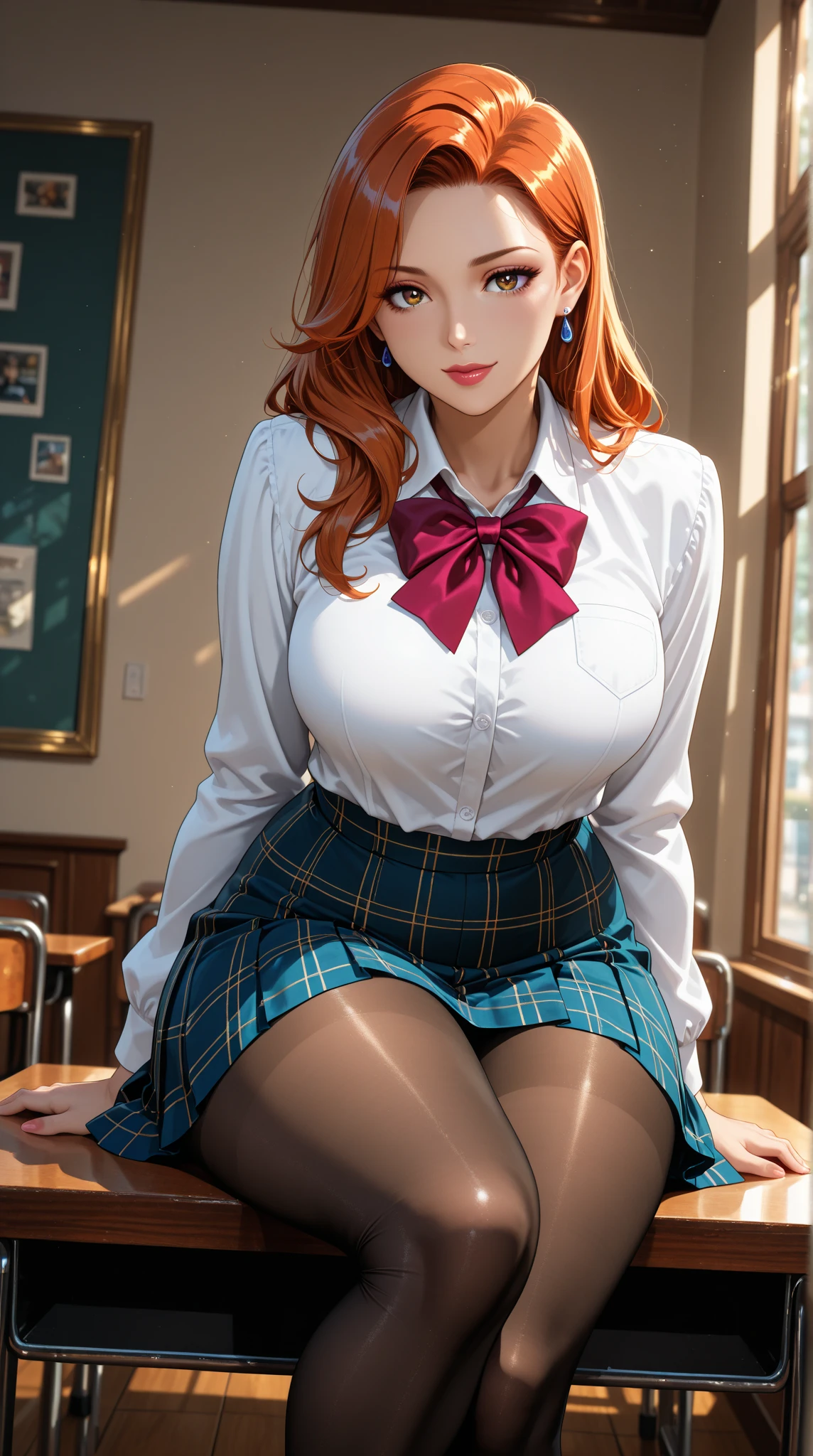 masterpiece, highest quality, Very detailed, figure, (Realistic:1.2), One girl, alone, Japanese、Brown Skin, Redhead, classroom, lily, Intimate, blazer, Glamour, boots, Improve, pantyhose, Pleated skirt、Gal、teacher、Camel Toe、Giant tit、Nipple Puffs、Cleavage、Plump、Super big breasts、Super big butt