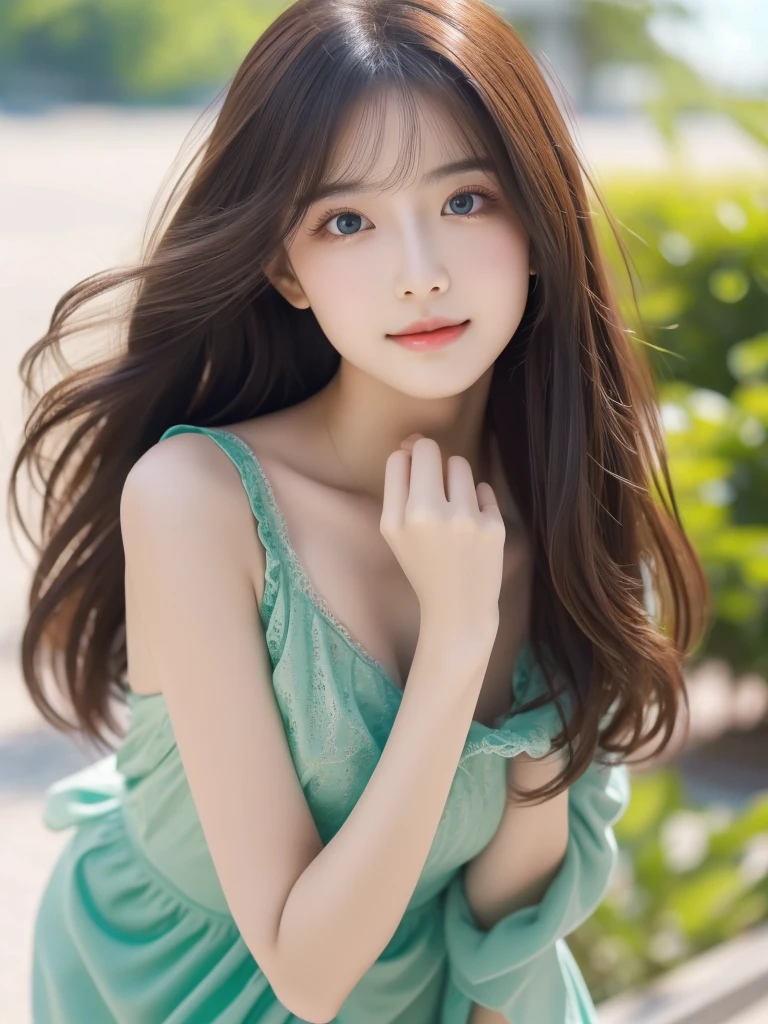 (masterpiece), (best quality), ultra high res, sharp focus, warm pastel tone, ((1 mature woman, solo)), upper body, medium long shot, MLS, beautiful detailed hair, chestnut brown hair, messy long hair, beautiful detailed face, ((beautiful shapes of eyes, green eyes)), perfect feminine face, happy face, smiles, look at the viewer,feminine light dress, in the beautiful morning, sitting on ground of the beautiful flowers meadow